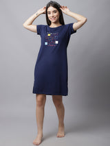 Women's Cotton Printed Knee Length Sleepshirt/ Lounge T-shirt - Blue