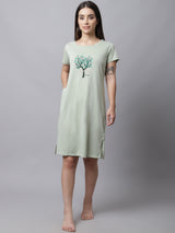 Women's Cotton Printed Knee Length Sleepshirt/ Lounge T-shirt - Light Green