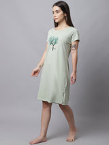 Women's Cotton Printed Knee Length Sleepshirt/ Lounge T-shirt - Light Green