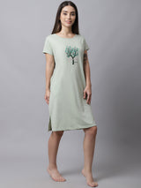 Women's Cotton Printed Knee Length Sleepshirt/ Lounge T-shirt - Light Green