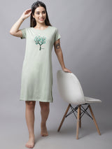 Women's Cotton Printed Knee Length Sleepshirt/ Lounge T-shirt - Light Green