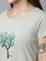 Women's Cotton Printed Knee Length Sleepshirt/ Lounge T-shirt - Light Green