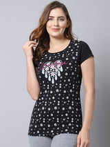Black & gray Women's Cotton Printed Night Suit by Shararat