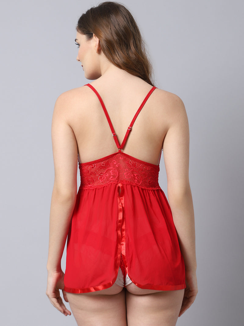 Babydoll Lacy Net V-Neck Dress - Red