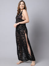 Overall Net With Side Ribbon Long Gown - Black