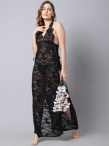 Overall Net With Side Ribbon Long Gown - Black