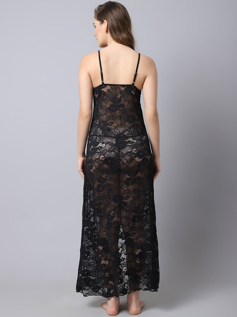 Women's Lace Long Babydoll/ Lingerie Nightwear Long Gown - Black