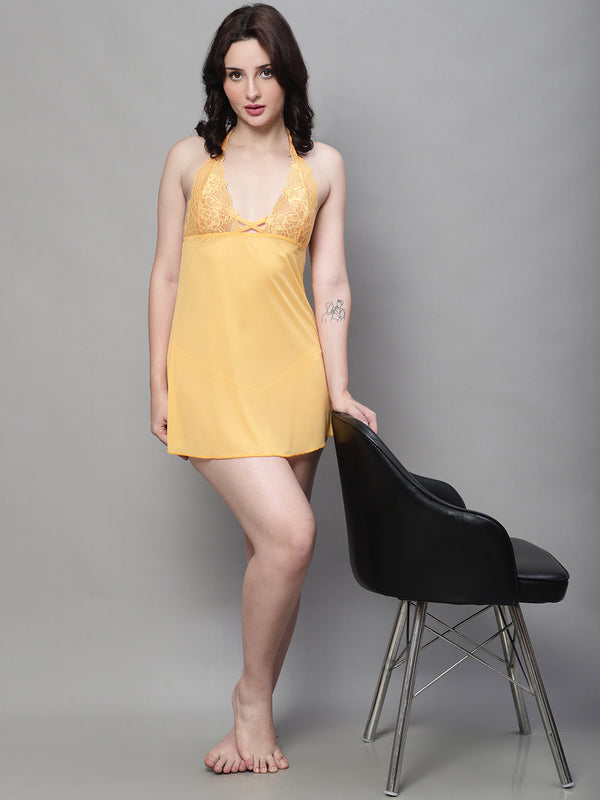 Women's Lace Above Knee Babydoll Dress/Nightwear Lingerie- Yellow