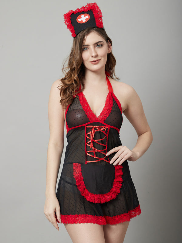 Women's Black-Red Net Maid Costume