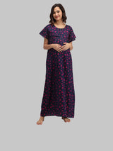 Purple & Blue Women's Cotton Triangle Print Maternity Feeding Nighty