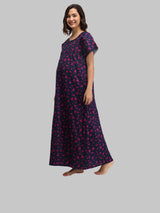Purple & Blue Women's Cotton Triangle Print Maternity Feeding Nighty
