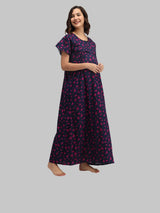 Purple & Blue Women's Cotton Triangle Print Maternity Feeding Nighty