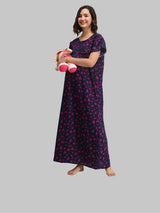 Purple & Blue Women's Cotton Triangle Print Maternity Feeding Nighty