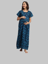 Sky Blue & Blue Women's Cotton Triangle Print Maternity Feeding Nighty