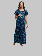 Sky Blue & Blue Women's Cotton Triangle Print Maternity Feeding Nighty