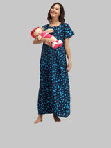 Sky Blue & Blue Women's Cotton Triangle Print Maternity Feeding Nighty