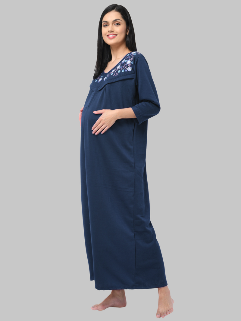 Blue Women's Solid Print Fleece Maternity Winter Nighty by Shararat