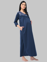Blue Women's Solid Print Fleece Maternity Winter Nighty by Shararat