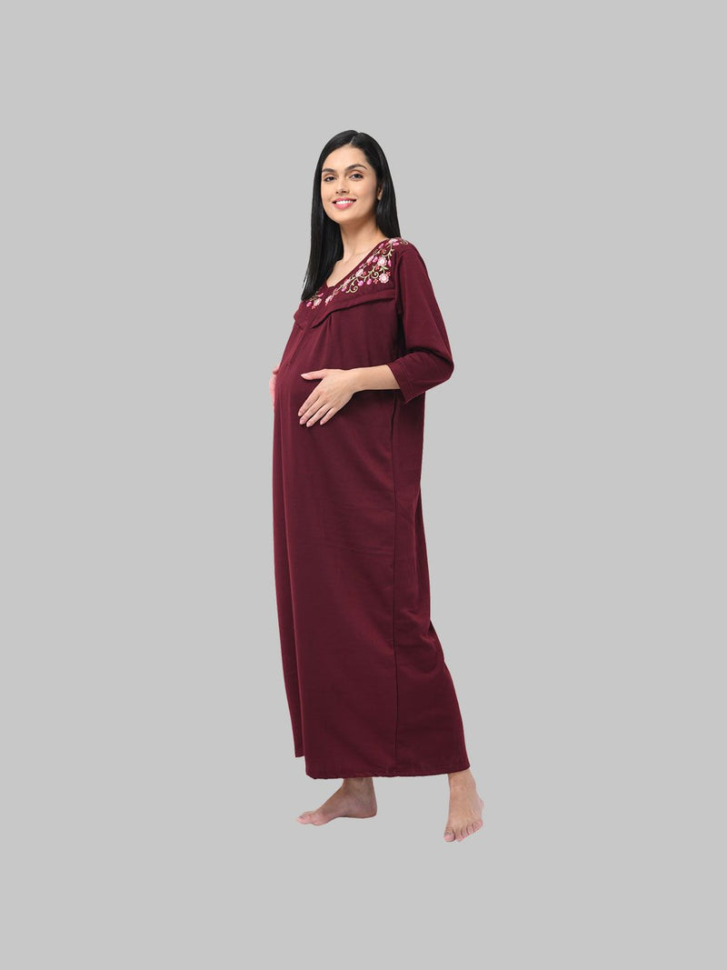 Maroon Women's Solid Print Fleece Maternity Winter Nighty