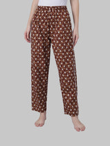 Brown and White Cotton Leaf Print Women's Pyjama
