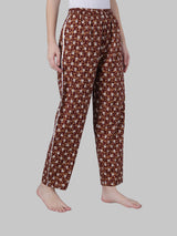 Brown and White Cotton Leaf Print Women's Pyjama