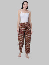 Brown and White Cotton Leaf Print Women's Pyjama