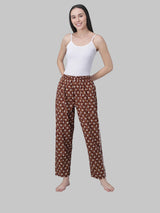 Brown and White Cotton Leaf Print Women's Pyjama