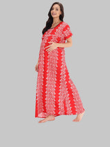 Red & White Women's Floral Print Feeding Maternity Cotton Nighty