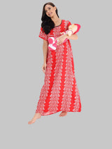 Red & White Women's Floral Print Feeding Maternity Cotton Nighty