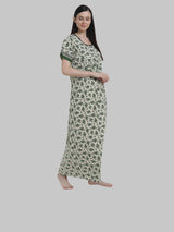 Green & White  Women's Floral Print Maternity Feeding Nighty