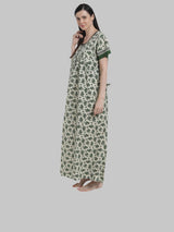Green & White  Women's Floral Print Maternity Feeding Nighty