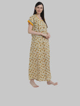 Yellow & White  Women's Floral Print Maternity Feeding Nighty