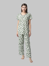 Green and White Floral Cotton Printed Women's Night Suit