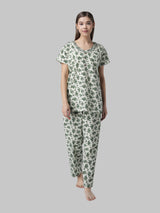 Green and White Floral Cotton Printed Women's Night Suit