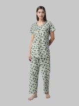 Green and White Floral Cotton Printed Women's Night Suit