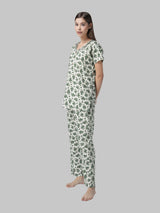 Green and White Floral Cotton Printed Women's Night Suit