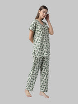 Green and White Floral Cotton Printed Women's Night Suit
