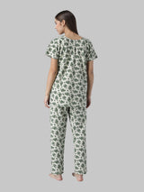 Green and White Floral Cotton Printed Women's Night Suit