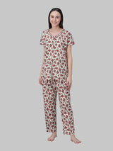 Red and White Floral Printed Women's Night Suit