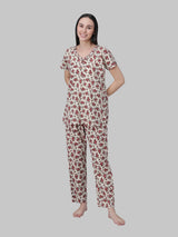 Red and White Floral Printed Women's Night Suit