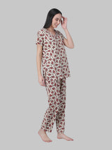 Red and White Floral Printed Women's Night Suit