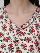 Red and White Floral Printed Women's Night Suit