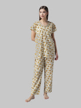 Cream and Yellow Floral Printed Women's Night Suit