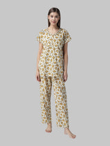 Cream and Yellow Floral Printed Women's Night Suit