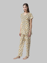 Cream and Yellow Floral Printed Women's Night Suit