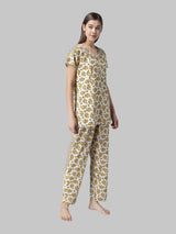 Cream and Yellow Floral Printed Women's Night Suit