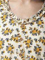 Cream and Yellow Floral Printed Women's Night Suit