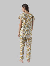 Cream and Yellow Floral Printed Women's Night Suit