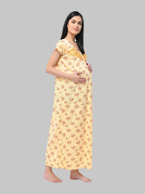 Yellow Women's Floral Print Hosiery Maternity Feeding Nighty