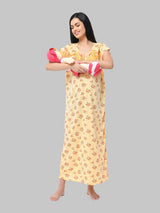 Yellow Women's Floral Print Hosiery Maternity Feeding Nighty